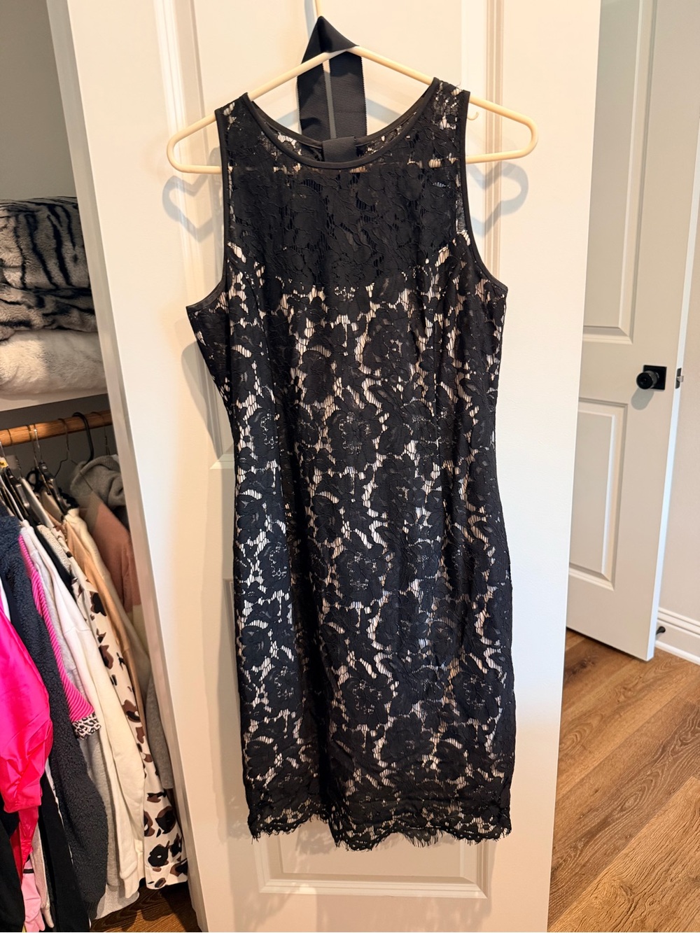 White House Black Market Black Lace Dress with Nude Lining